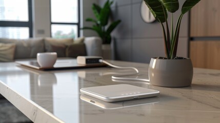 White Wireless Charger on Modern Coffee Table in Contemporary Living Room