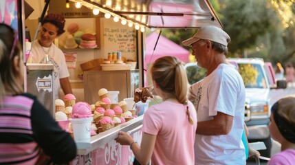 Senior Man Buying Ice Cream from Nutrition-Focused Food Truck on National Ice Cream Day with Diverse Staff and Customers