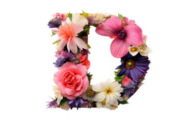 3d floral letter d with vibrant flower elements on  transparent PNG background - elegant studio lighting design for decorative alphabet and artistic typography projects