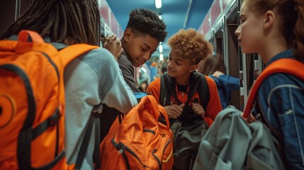 students interact and prepare for their day in a modern school hallway with lockers, capturing the essence of friendship, teamwork, and the excitement of learning in a dynamic educational environment
