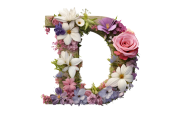 3d floral letter d with vibrant flower elements on  transparent PNG background - elegant studio lighting design for decorative alphabet and artistic typography projects