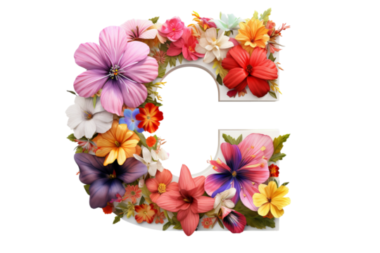 3d letter c with floral elements and flower design in studio lighting, PNG with transparent background