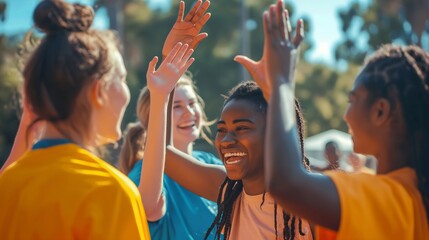 Enthusiastic and smiling kids in sports attire high-fiving each other in an outdoor setting, capturing the essence of teamwork, joy, and multicultural unity on a bright, sunny day