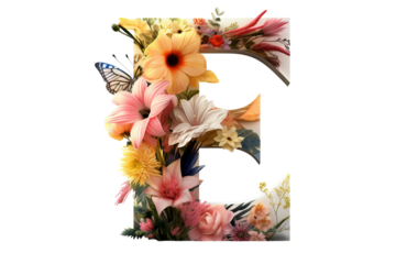 3d letter 'e' with intricate floral elements, detailed flower design, studio lighting, isolated on transparent PNG background