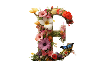 3d letter 'e' with intricate floral elements, detailed flower design, studio lighting, isolated on transparent PNG background