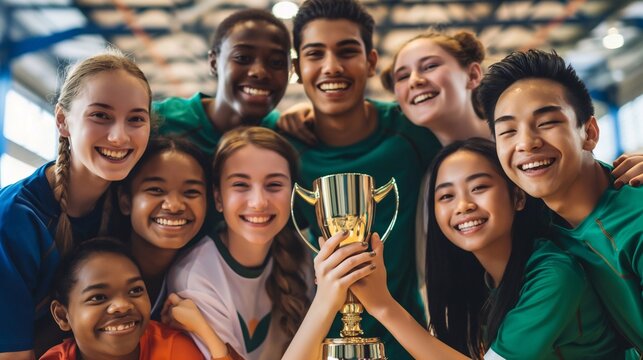 A diverse group of joyful students from various nationalities posing with a trophy in their sports uniforms, celebrating their victory with wide smiles and strong camaraderie in indoor sport facility