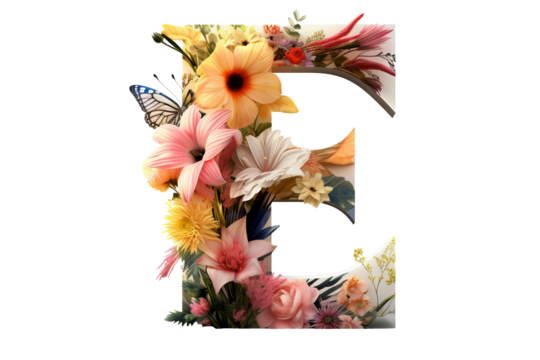 3d letter 'e' with intricate floral elements, detailed flower design, studio lighting, isolated on transparent PNG background - Powered by Adobe