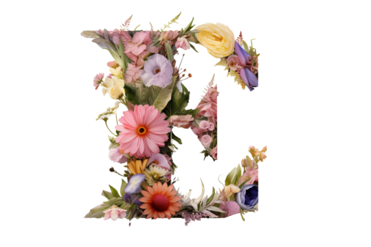 3d letter 'e' with intricate floral elements, detailed flower design, studio lighting, isolated on transparent PNG background - Powered by Adobe
