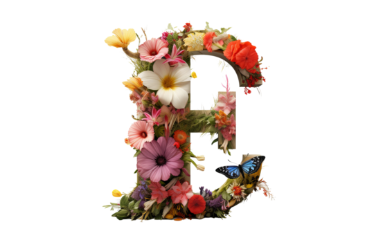 3d letter 'e' with intricate floral elements, detailed flower design, studio lighting, isolated on transparent PNG background