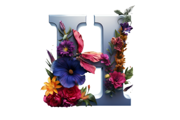 3d letter h with intricate flower elements, studio lighting, PNG transparent background
