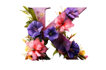 Letter 'k' made of flower elements with 3d floral design in studio lighting on transparent PNG background