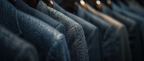 close-up photography of men's plain navy and grey suits, hanging in a closet 