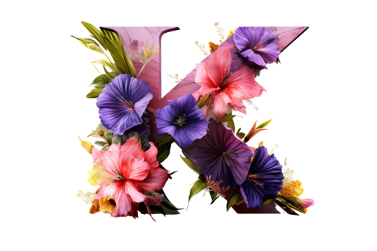 Letter 'k' made of flower elements with 3d floral design in studio lighting on transparent PNG background