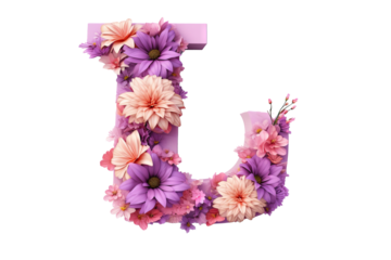 Letter "l" crafted with floral elements in 3d, featuring studio lighting on a PNG transparent background