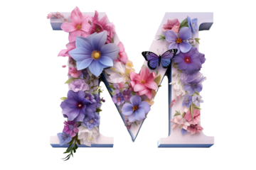 Letter 'm' crafted with intricate flower elements in 3d rendering, studio lighting, PNG format with transparent background