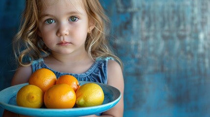 A little girl holding a bowl of oranges