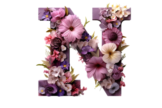 Letter "n" with 3d floral elements in studio lighting, PNG transparent background