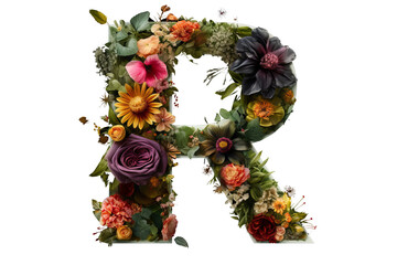 Letter r with intricate flower elements, floral design made of flowers, 3d render, studio lighting, PNG with transparent background