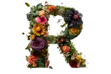Letter r with intricate flower elements, floral design made of flowers, 3d render, studio lighting, PNG with transparent background