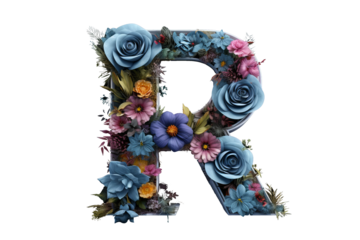 Letter r with intricate flower elements, floral design made of flowers, 3d render, studio lighting, PNG with transparent background