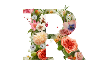 Letter r with intricate flower elements, floral design made of flowers, 3d render, studio lighting, PNG with transparent background