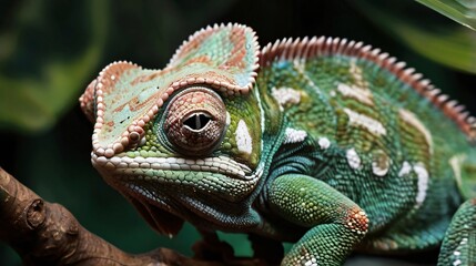 closeup of green chameleon with camouflage