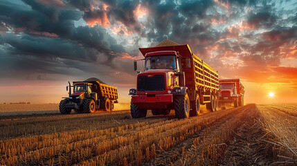 Obraz premium A red heavy truck and tractor working in the field at sunset