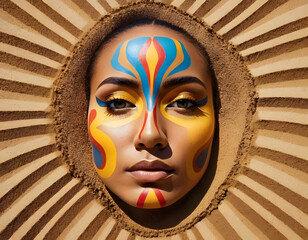 digital artwork of a human face composed entirely of abstract, colorful patterns in sand