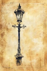 watercolor clipart of Victorian lamp pole on parchment paper, vintage scrapbook page, copy space in center, vintage art, for Junk Journal, Digital Paper, Printable Journaling page, Scrapbooking