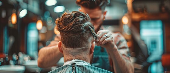 A barber trimming a customer's hair