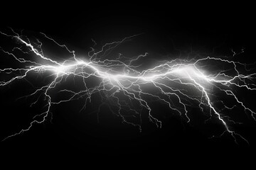 White electric lightning on black background. The stark contrast between the bright lightning and dark background creates a dramatic and powerful image, capturing the raw energy of a storm