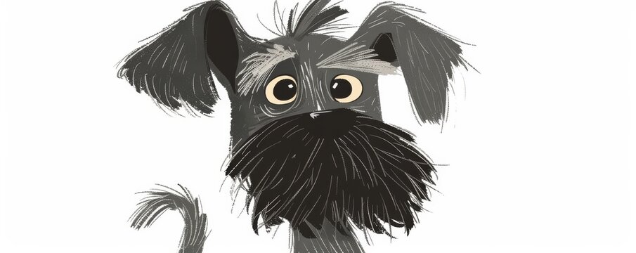 Cute illustrated black and gray dog with a scruffy beard and expressive eyes on a white background, perfect for pet-themed creatives.