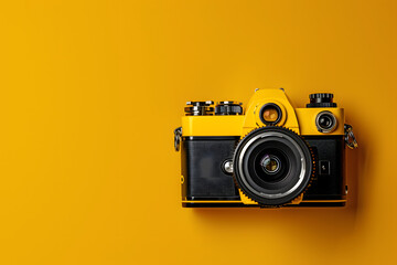An HD image featuring a camera against a bold yellow backdrop, symbolizing the essence of World Photography Day with space reserved for creative text.