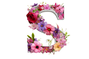 3d letter 's' made of flower elements with studio lighting on PNG transparent background