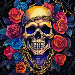 鎖と薔薇と骸骨、ビンテージ風イラスト