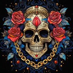 鎖と薔薇と骸骨、ビンテージ風イラスト