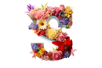 3d letter 's' made of flower elements with studio lighting on PNG transparent background