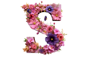 3d letter 's' made of flower elements with studio lighting on PNG transparent background