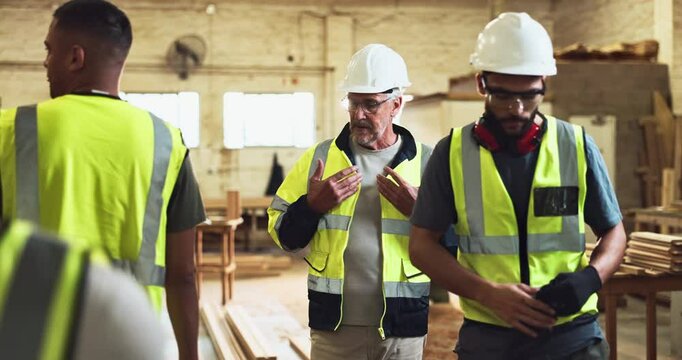 Construction team, frustrated and project update on site for progress, accountability and communication. People, speaking and management in building with unhappy employees for contractor decision