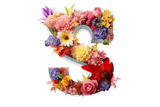 3d letter 's' made of flower elements with studio lighting on PNG transparent background