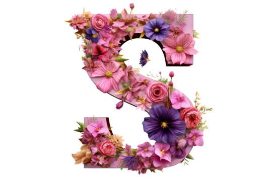 3d letter 's' made of flower elements with studio lighting on PNG transparent background