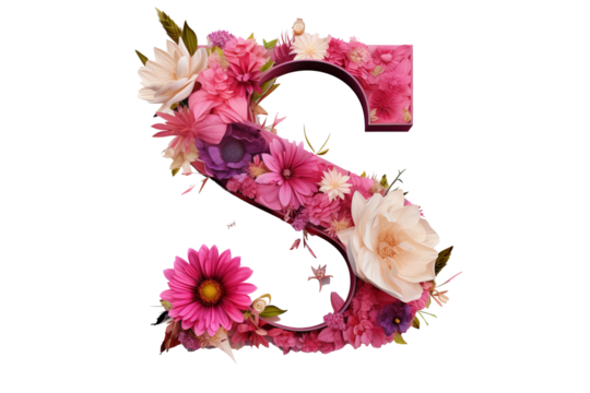 3d letter 's' made of flower elements with studio lighting on PNG transparent background