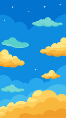A cartoon representation of a blue sky with yellow clouds and stars