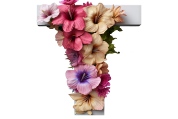 3d letter 't' with floral elements in studio lighting, PNG with transparent background