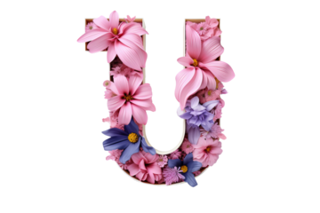 3d letter "u" with intricate flower elements, studio lighting, PNG transparent background, floral alphabet design