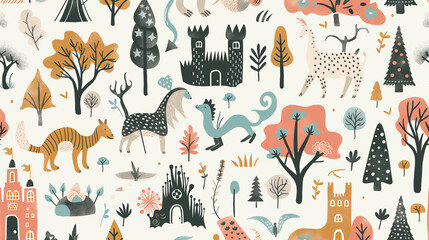 Fototapeta premium A colorful and whimsical drawing of various animals and trees