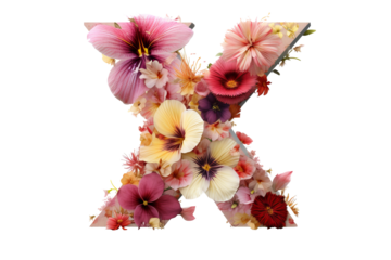 Letter x with flower elements in 3d studio lighting, floral alphabet design, PNG with transparent background, decorative typography art