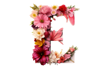 Letter E with flower elements in 3d studio lighting, floral alphabet design, PNG with transparent background, decorative typography art