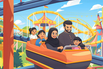 Fototapeta premium A family of four is riding a roller coaster at a theme park
