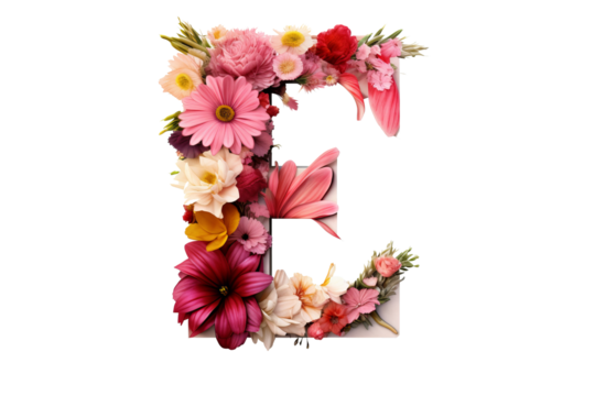 Letter E with flower elements in 3d studio lighting, floral alphabet design, PNG with transparent background, decorative typography art